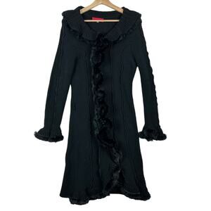 Carina Black Knit Ruffled Long Sweater Jacket Size Medium